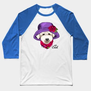 Dog with violet hat, flower and pink scarf Baseball T-Shirt